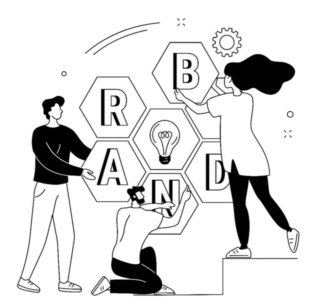 A minimalist line drawing cartoon of a team collaborating on brand strategy.