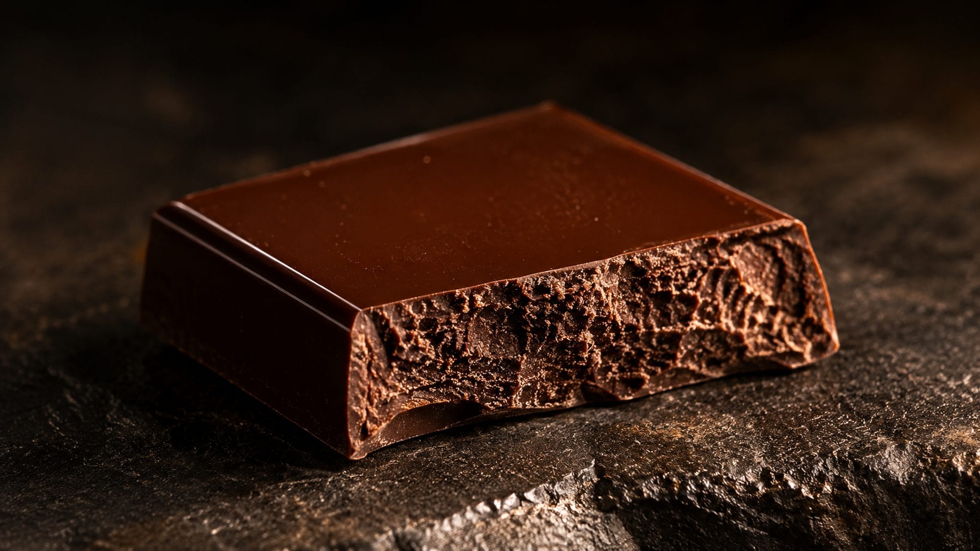 A square of artisanal dark chocolate with a clean snap break revealing the interior cacao texture on dark stone