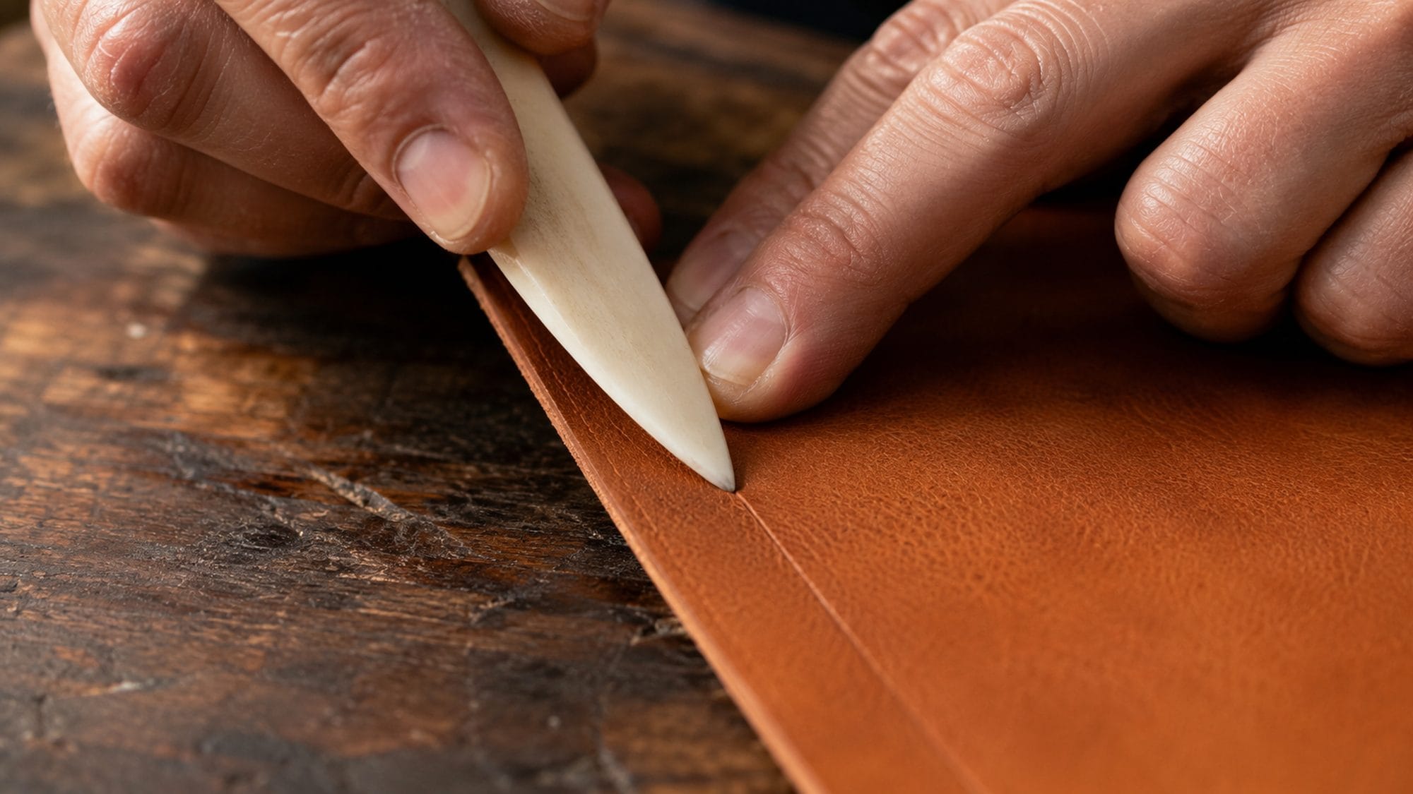 A craftsman's hands using a bone folder to score a precise crease along the edge of cognac vegetable-tanned leather