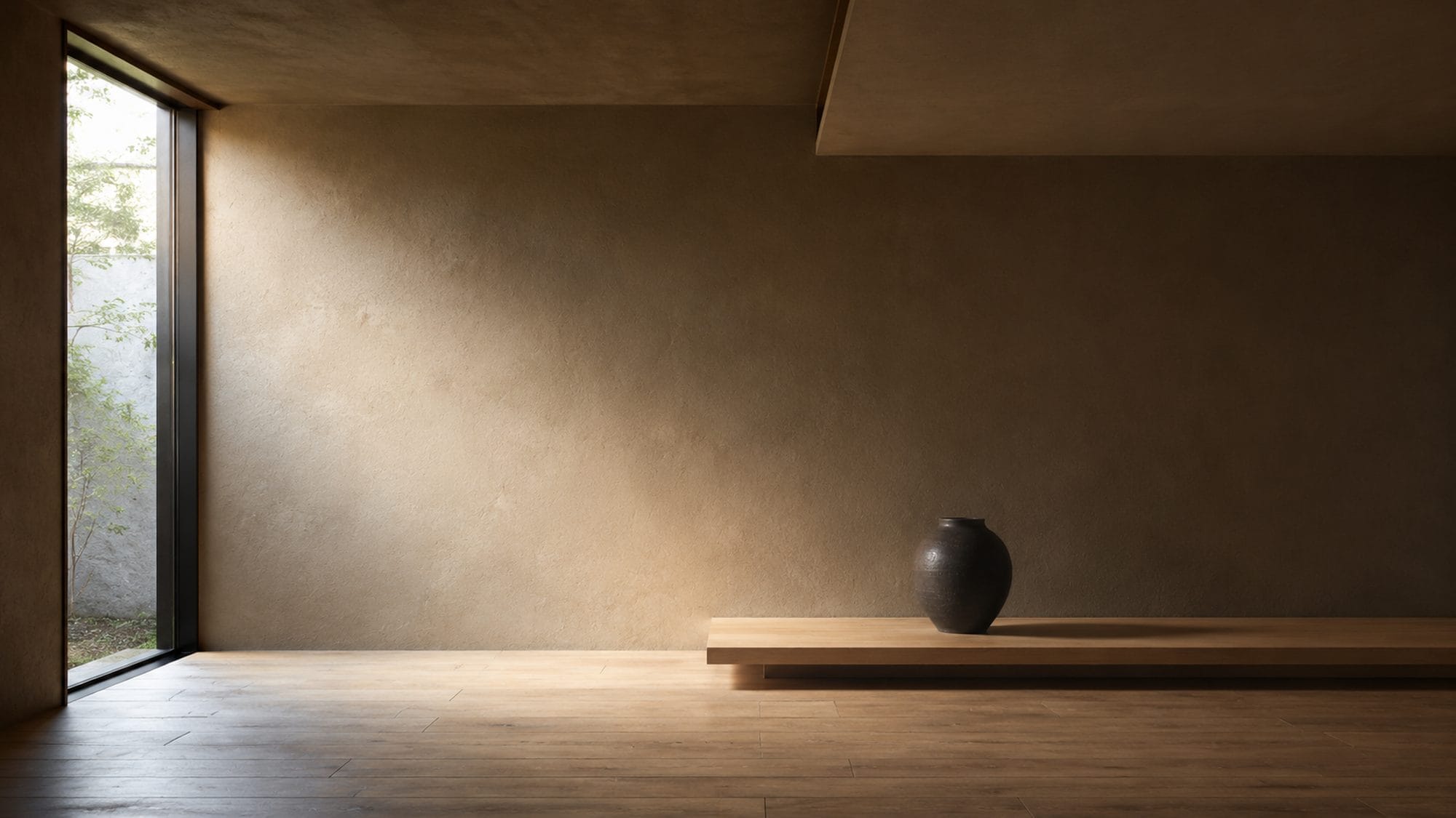 A Japanese ceramics gallery interior — a single dark vase on a low wooden shelf in a warm empty room with natural light