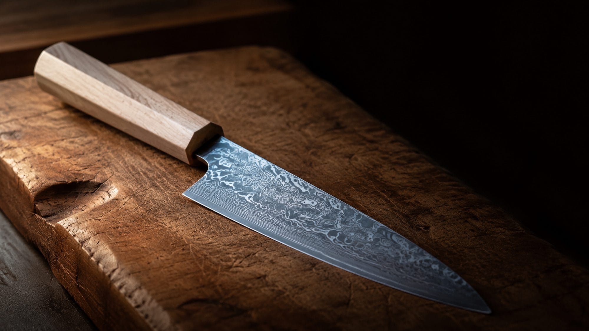 A Japanese kitchen knife with Damascus steel pattern on the blade and plain magnolia wood handle on a worn cutting board