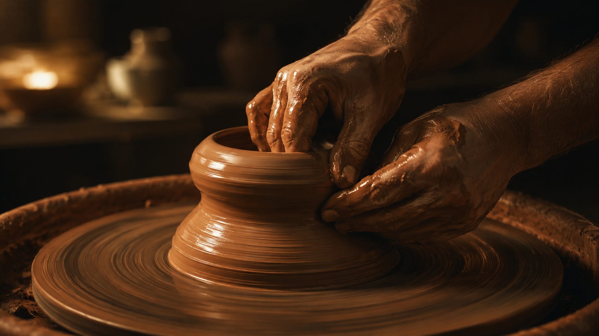 A potter's hands shaping wet clay on a spinning wheel — dramatic side lighting catches the glistening surface