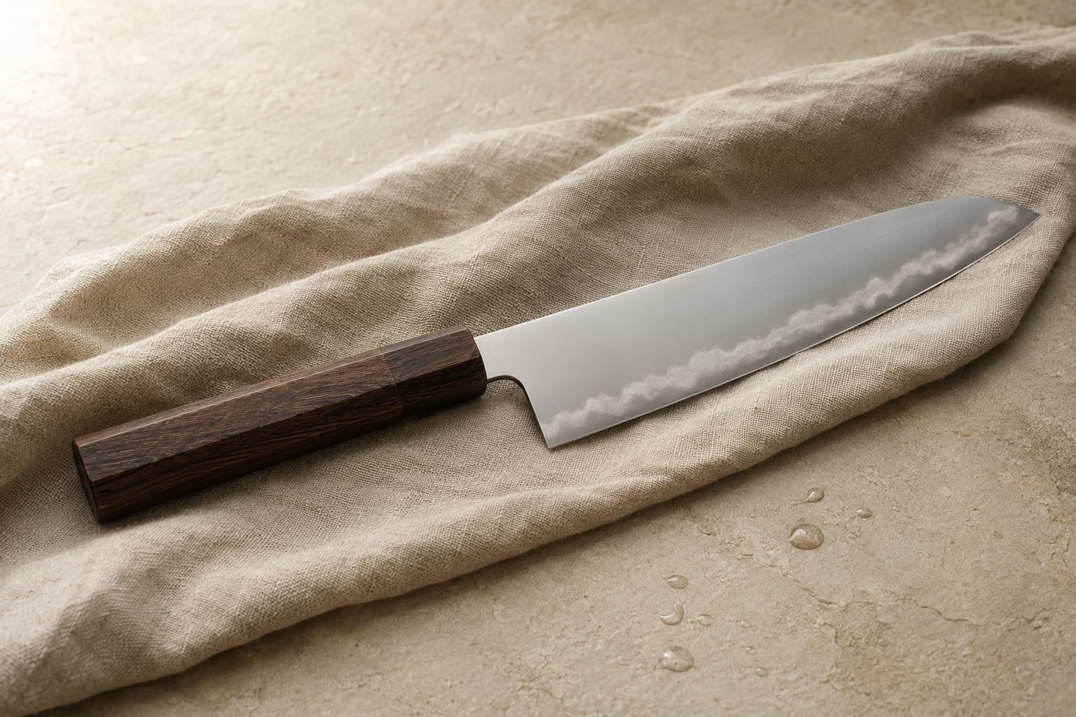 210mm gyuto chef knife with burnt chestnut handle resting on linen and natural stone in soft window light