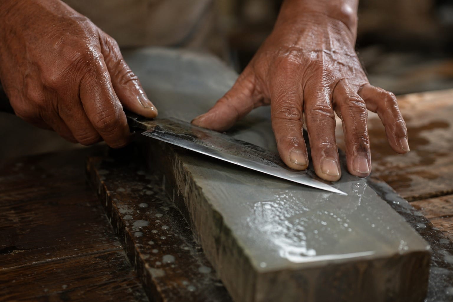 Weathered hands sharpening a kitchen knife blade on a wet natural whetstone in workshop daylight
