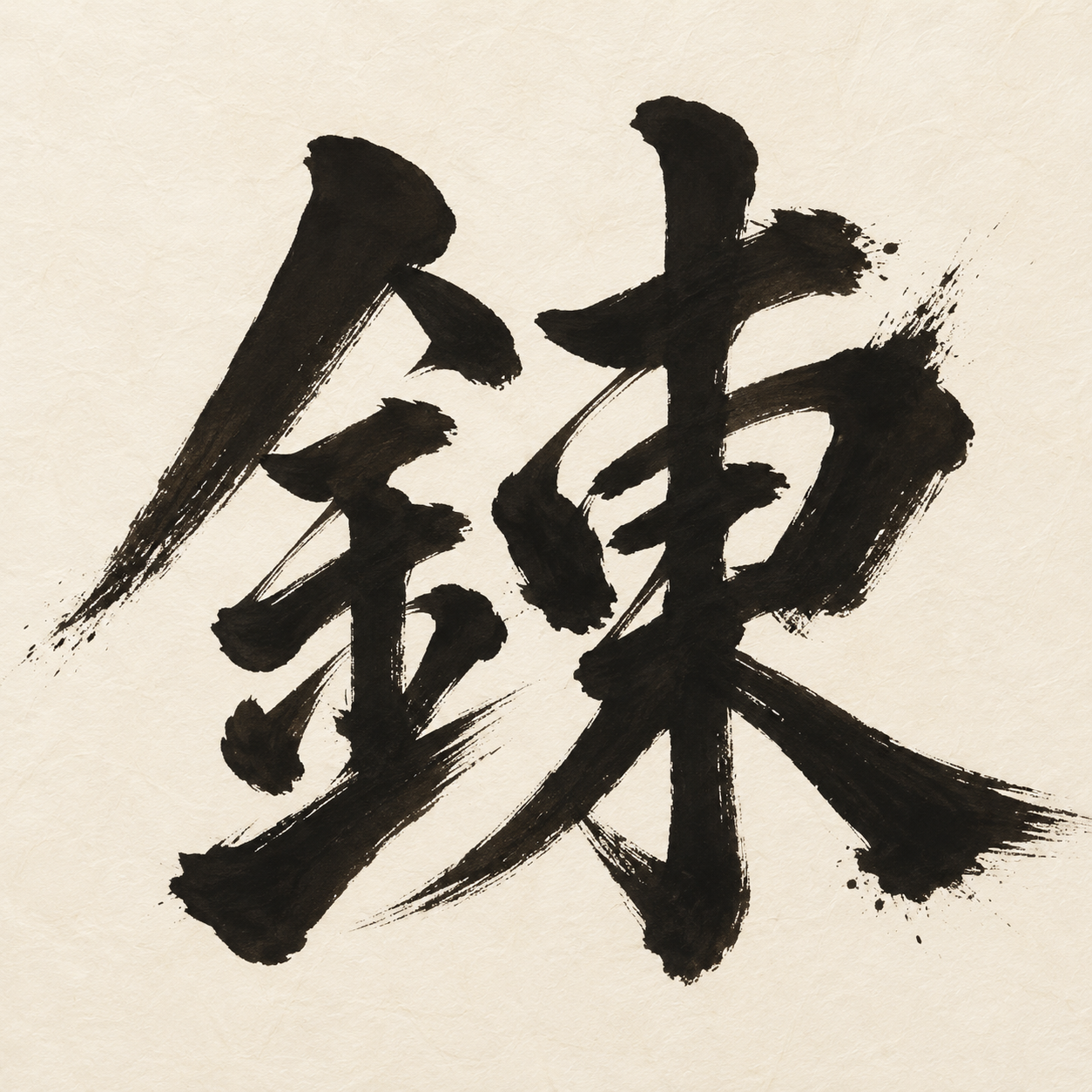 Calligraphic brushstroke rendering of the kanji 錬 meaning to forge in sumi ink on cream washi paper
