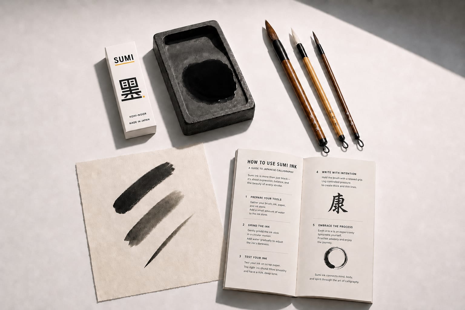 Overhead view of a working studio setup on a paper-white surface: a Sumi packaging tube, a slate suzuri stone with a fresh ink pool, three brushes lined up by size, a sheet of cream paper with brush test marks, and an open Sumi catalog booklet showing a spec page