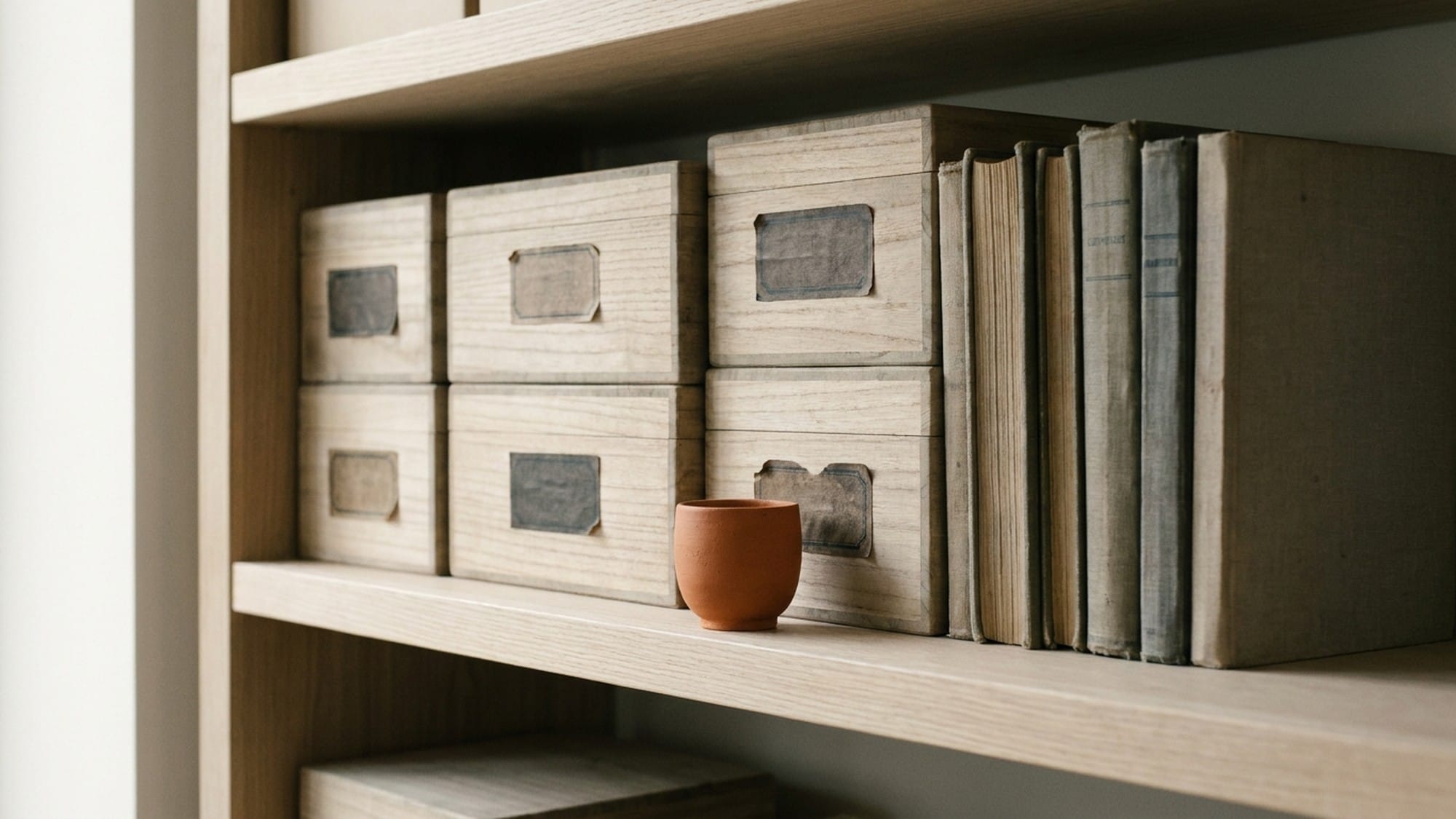 A shelf of aged paulownia-wood storage boxes and worn cloth-bound ledgers, with a single small terracotta cup