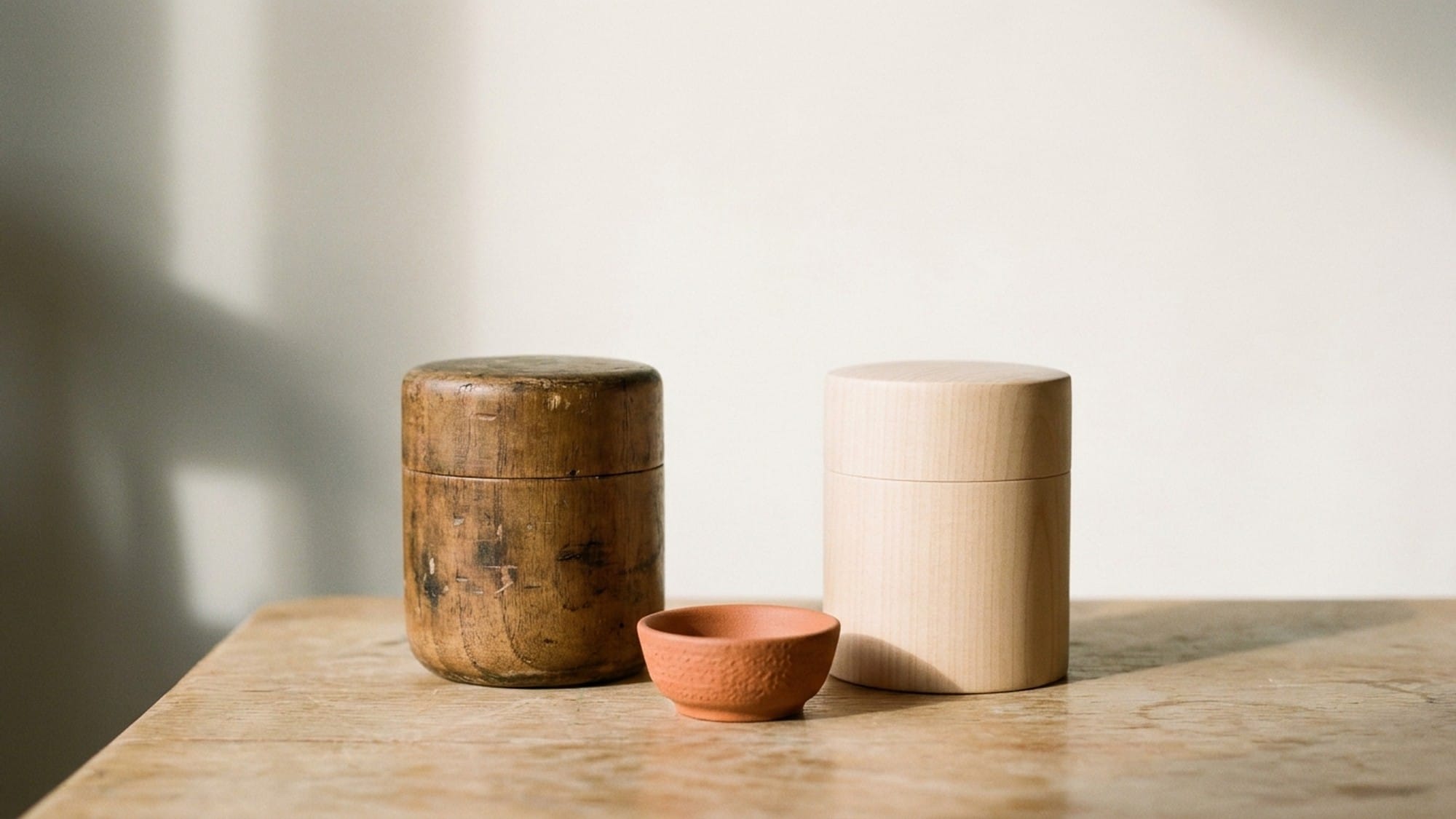 An old patinaed wooden tea caddy beside a freshly made caddy of the same shape, with a small terracotta dish between them