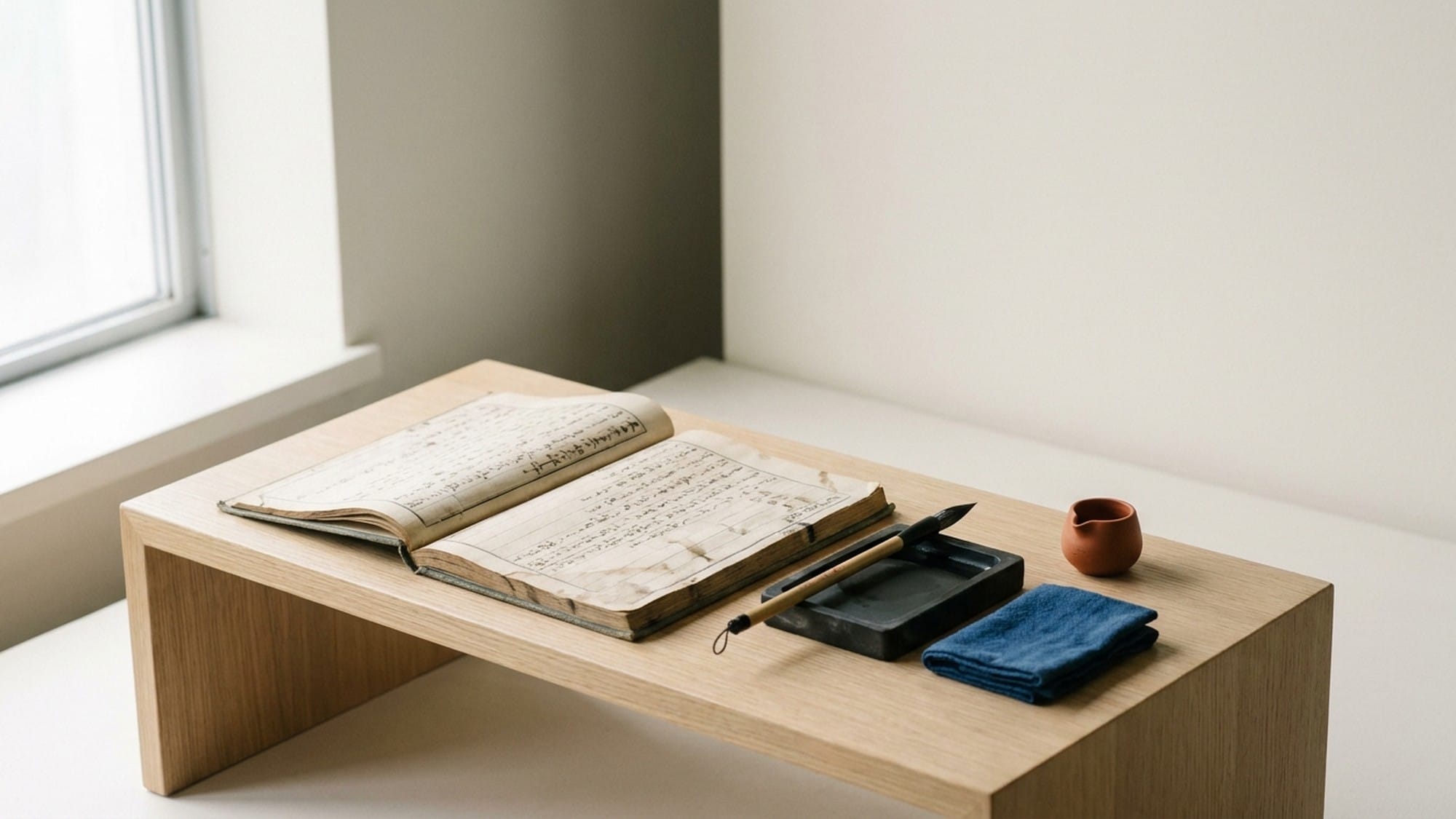 An old open Japanese ledger beside a calligraphy brush, dark inkstone and folded indigo cloth on a pale-oak table