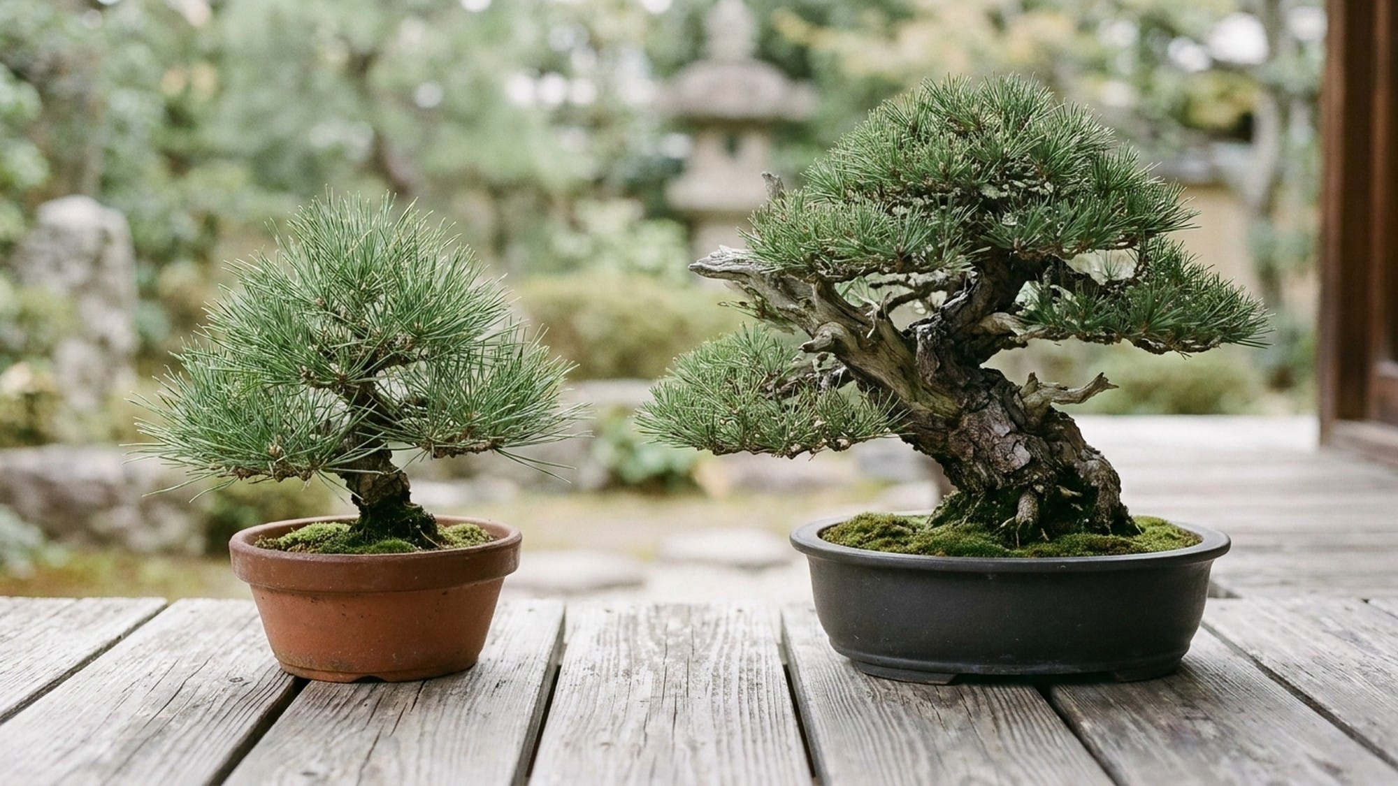 A younger black-pine bonsai in a rustic clay pot beside a venerable old bonsai on a weathered wooden engawa