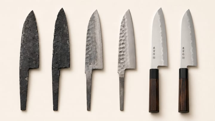 Six Japanese chef knife blades arranged left to right on a warm cream surface, progressing from raw forged steel blanks to a fully finished knife with a burnt chestnut handle