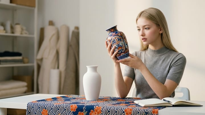 Livia examines a hand-painted Imari porcelain piece at a studio desk