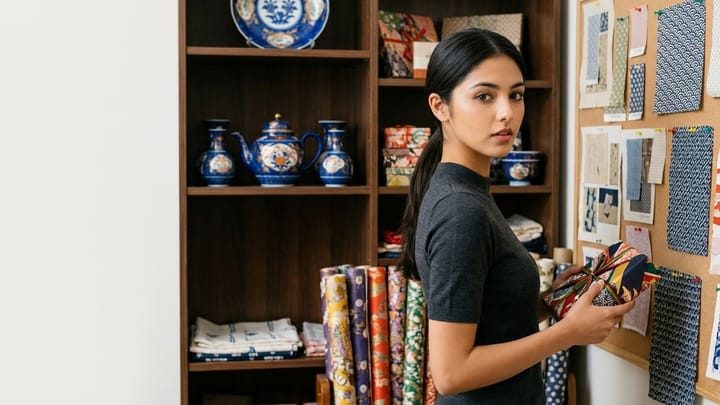 Romina studies heritage wares and reference clippings in a shop archive