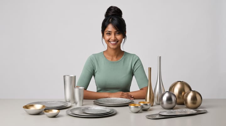Kavya of DLKR posing with a lineup of iconic Nousaku tableware products.