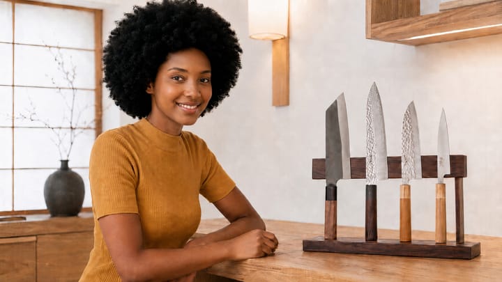 Damaris, DLKR's Ideas strategist, smiles beside a display of premium Japanese chef's knives from the Ren Knives rebrand